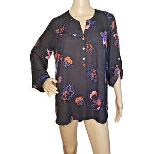 DR2 Daniel Rainn Womens Medium Floral V Neck Blouse Long Sleeve Silky Shirt   T7